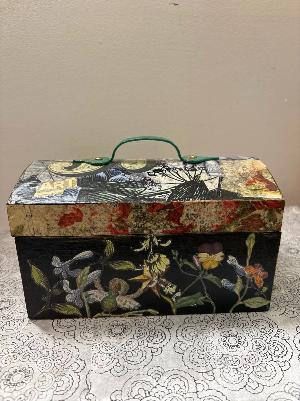 Floral Decoupage Decorative Storage Box with Green Handle
